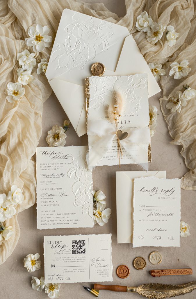 Fine Art Embossed Ivory Gold Wedding Invitation with torn chiffone bow, Golden deboss Roses Floral Wedding Invitation,