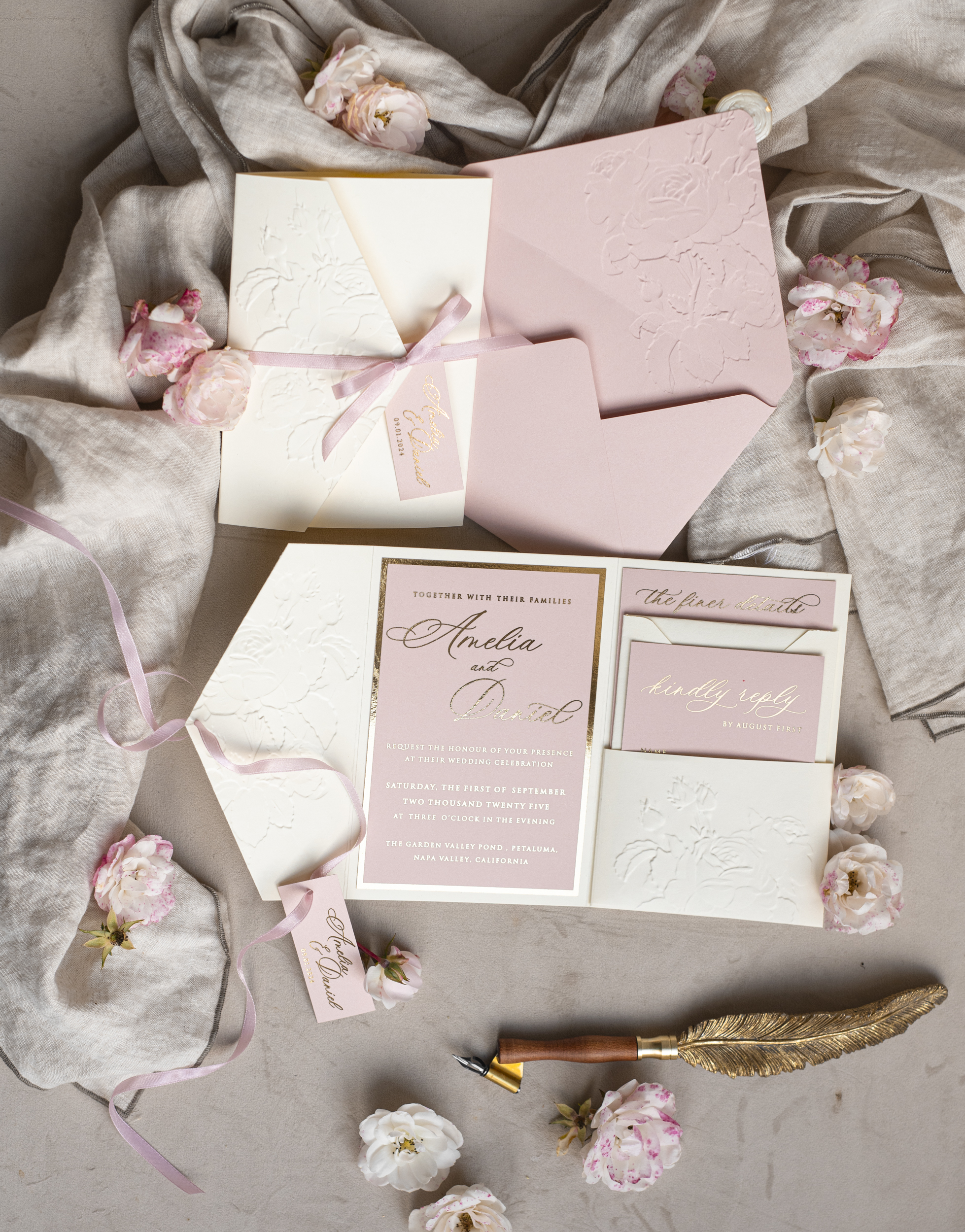 New Fine Art Wedding Invitation: Embossed Roses & Blush Pink Beauty