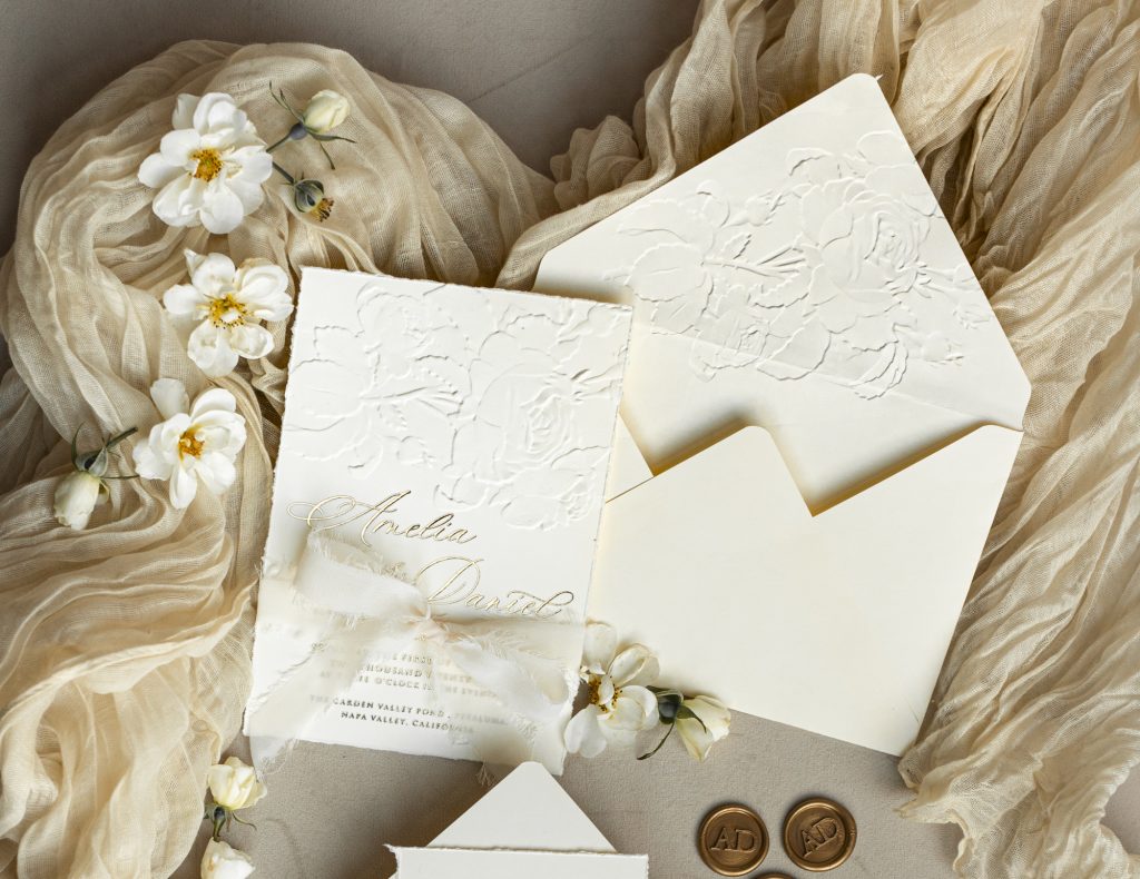 Fine Art Embossed Ivory Gold Wedding Invitation with torn chiffone bow, Golden deboss Roses Floral Wedding Invitation,