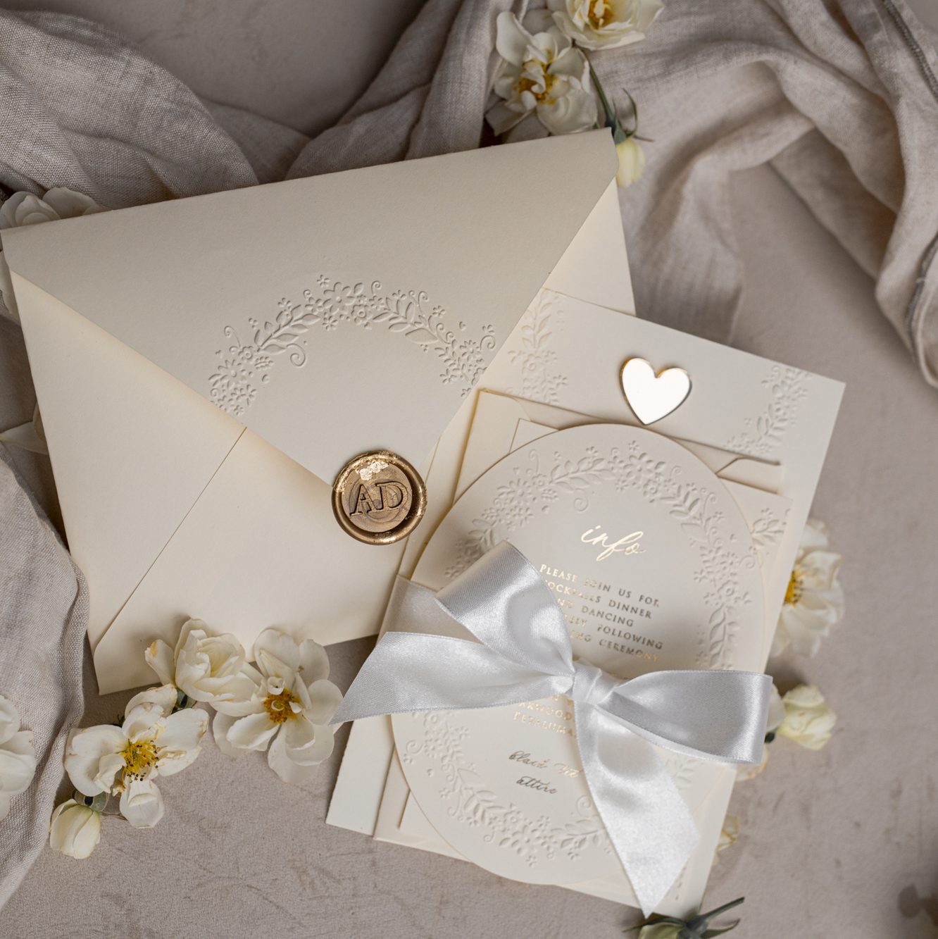 New Fine Art Wedding Invitations: Embossed Flowers and Gold