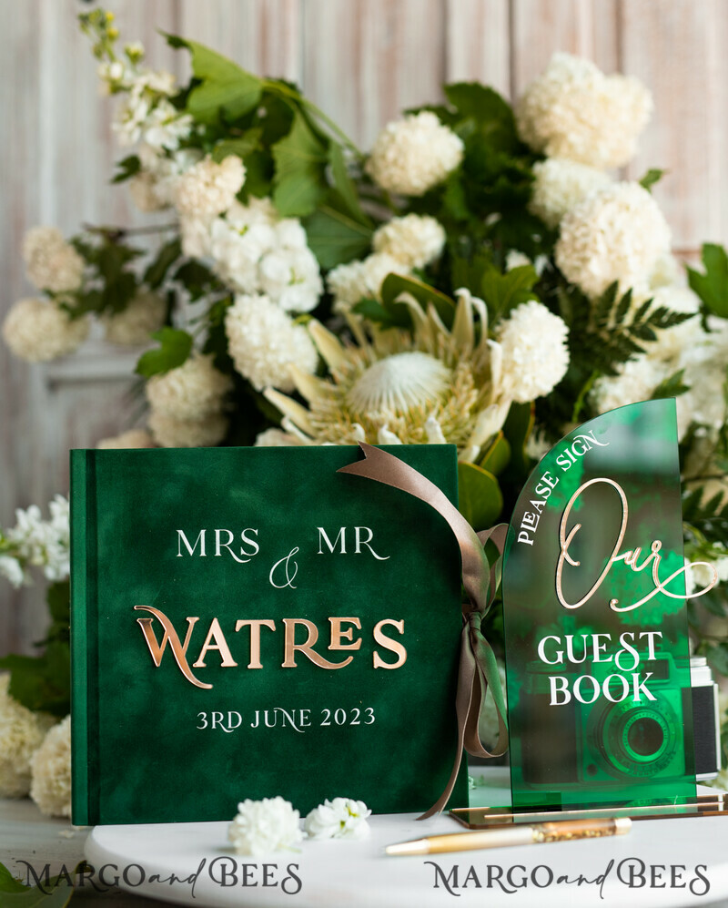 Emerald Green Acrylic and Velvet Wedding Guest Book Personalised & sign set