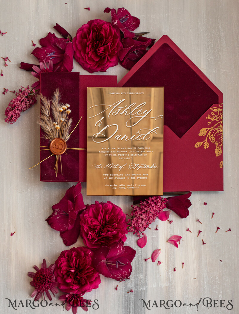 Burgundy Mirror gold Wedding Invitations, Elegant maroon Garden Wedding Cards