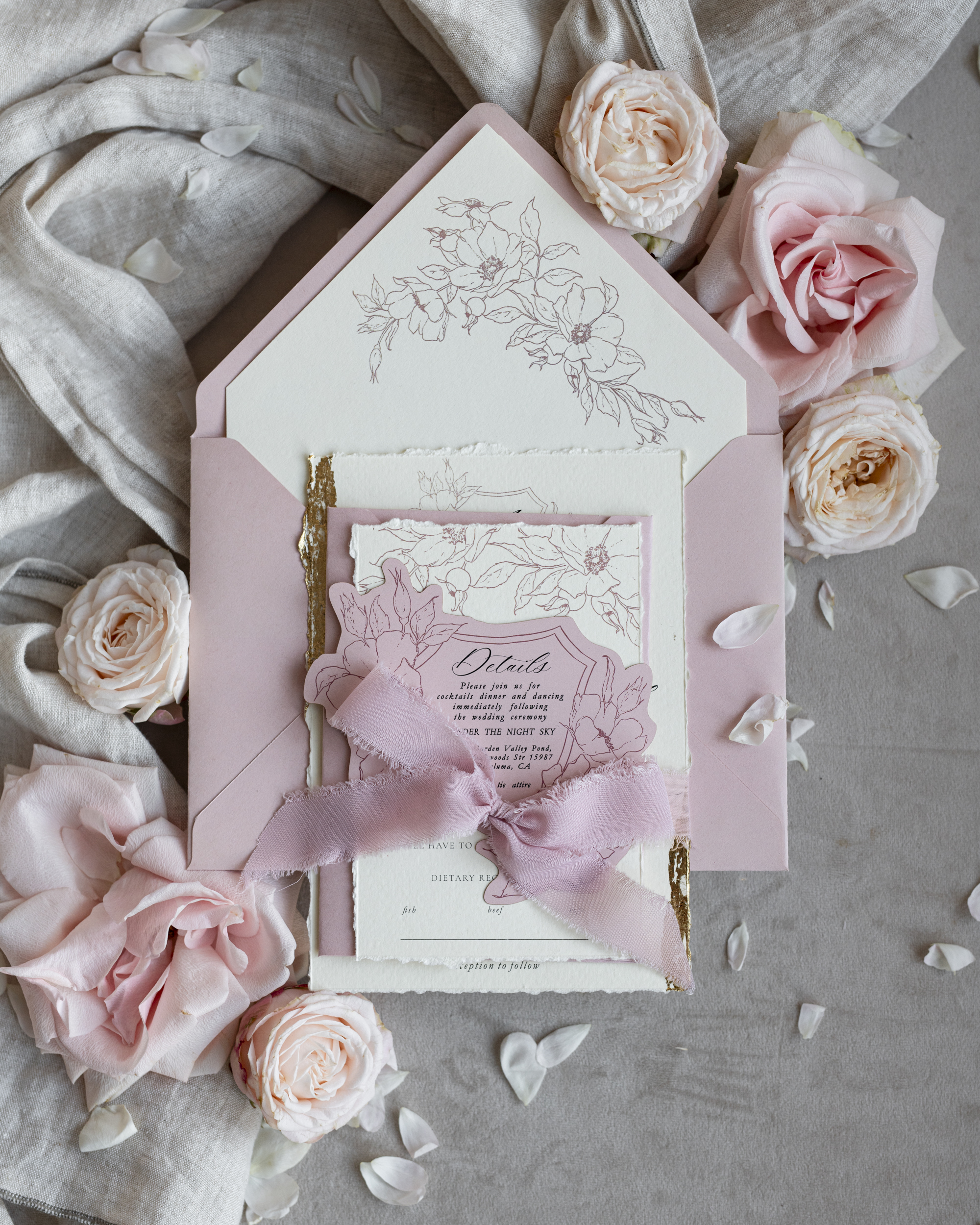 New Fine Art Wedding Invitation: Gold Roses & Blush Pink Bow Elegance