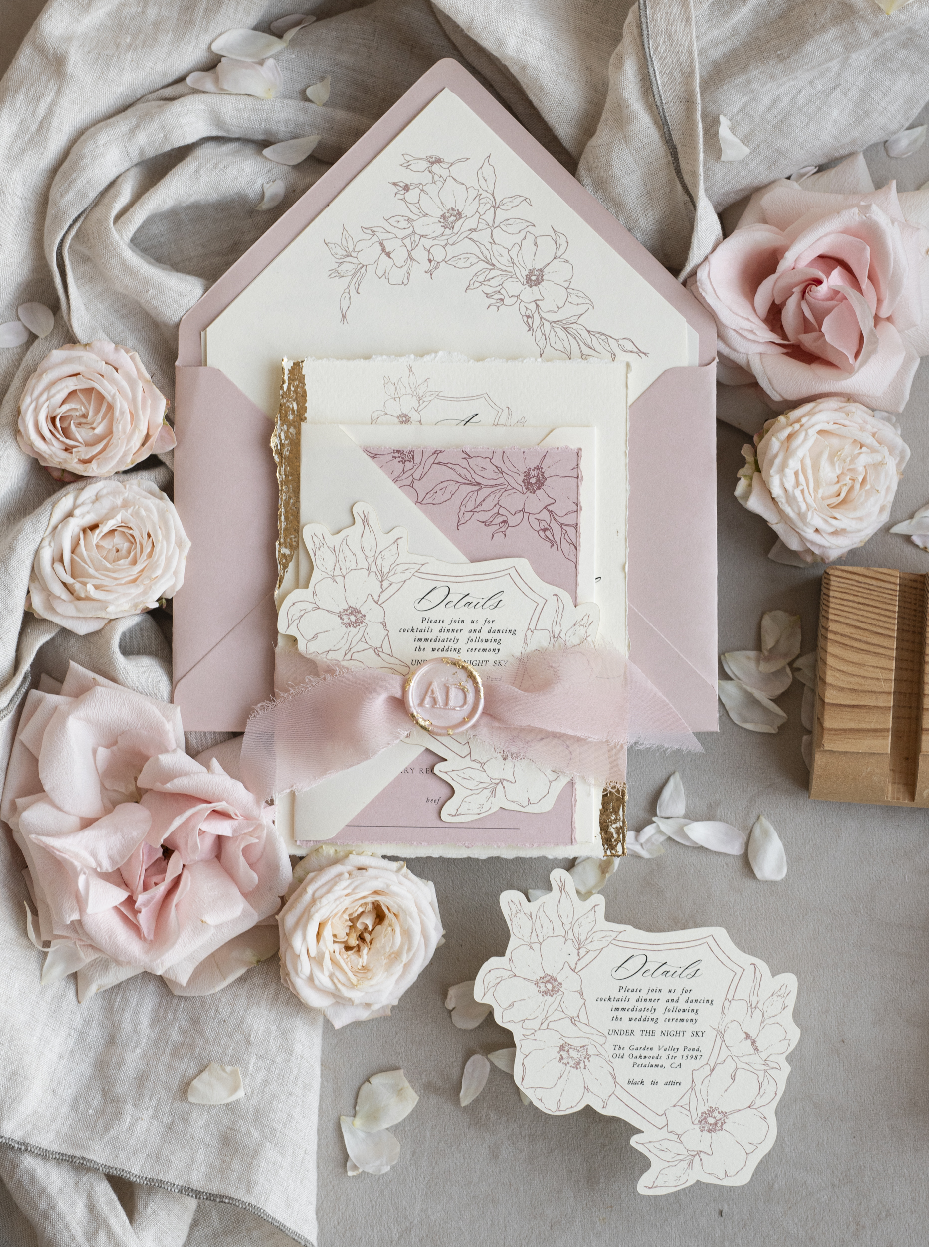 New Fine Art Wedding Invitation: Torn Gold Edges & Blush Pink Rose