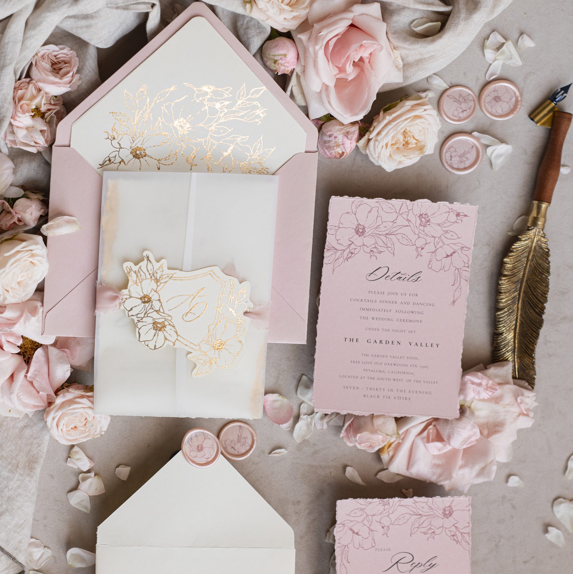 New Fine Art Wedding Invitation: Blush Pink Torn Edges with Gold Detailing