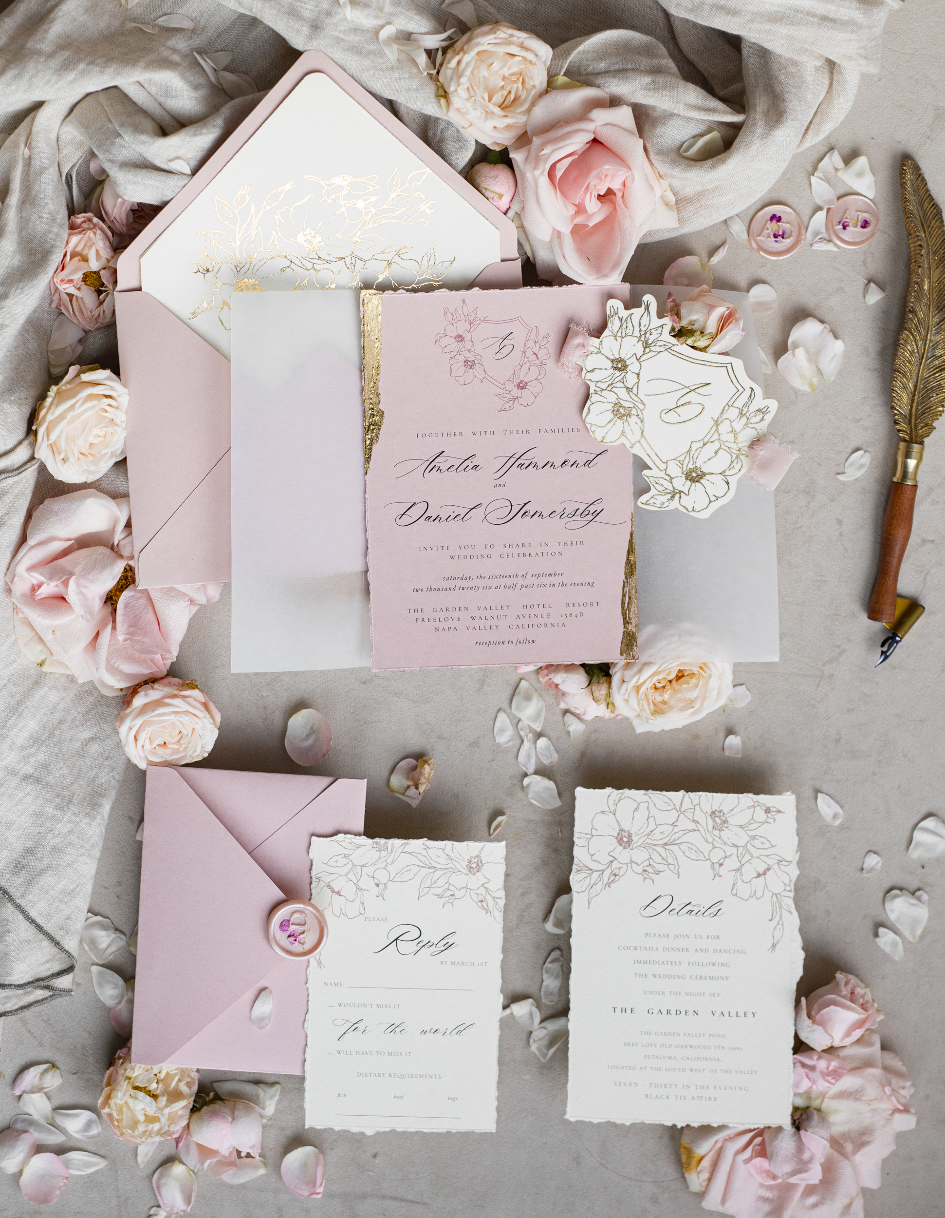 New Fine Art Wedding Invitation: Gold Roses & Blush Pink Elegance