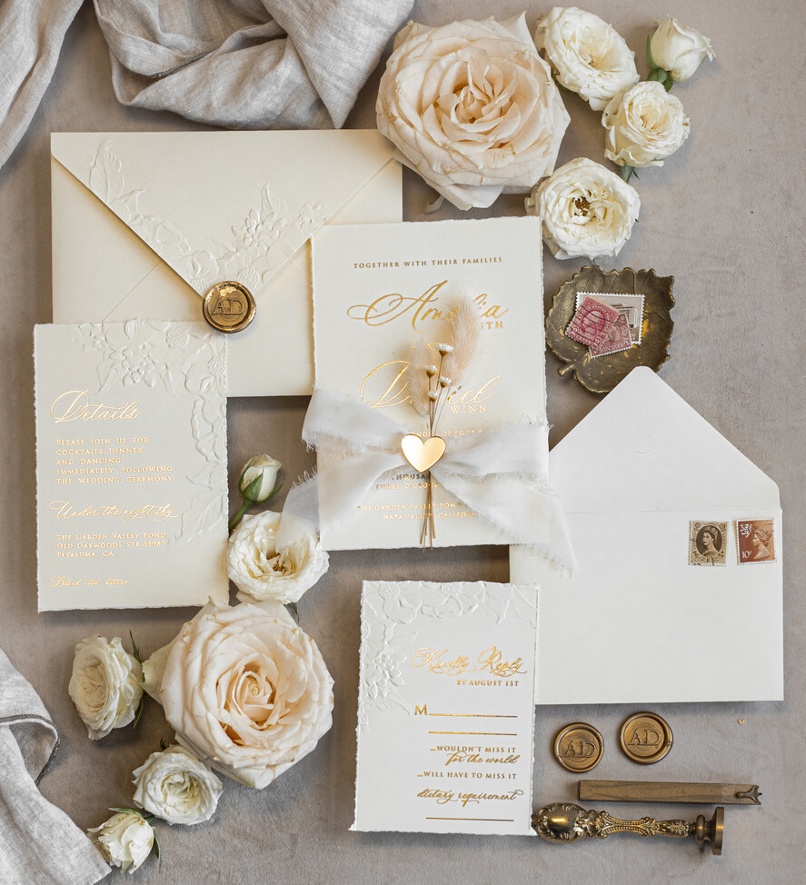 Fine Art Embossed Blind Ivory Gold Wedding Invitation with torn chiffon bow and dried flowers, Golden deboss Floral Wedding Invitation, Boho Ecru Debossed Invitation suite with mirror heart