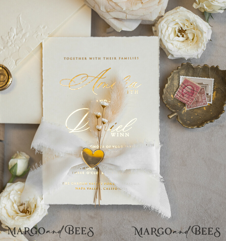 Fine Art Embossed Blind Ivory Gold Wedding Invitation with torn chiffon bow and dried flowers, Golden deboss Floral Wedding Invitation, Boho Ecru Debossed Invitation suite with mirror heart