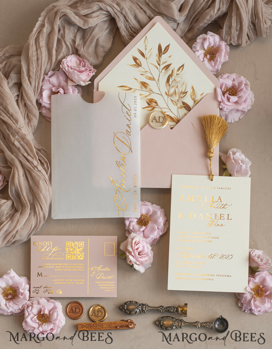 Whimsical Blush Gold Wedding Invitations: A Touch of Magic and Elegance