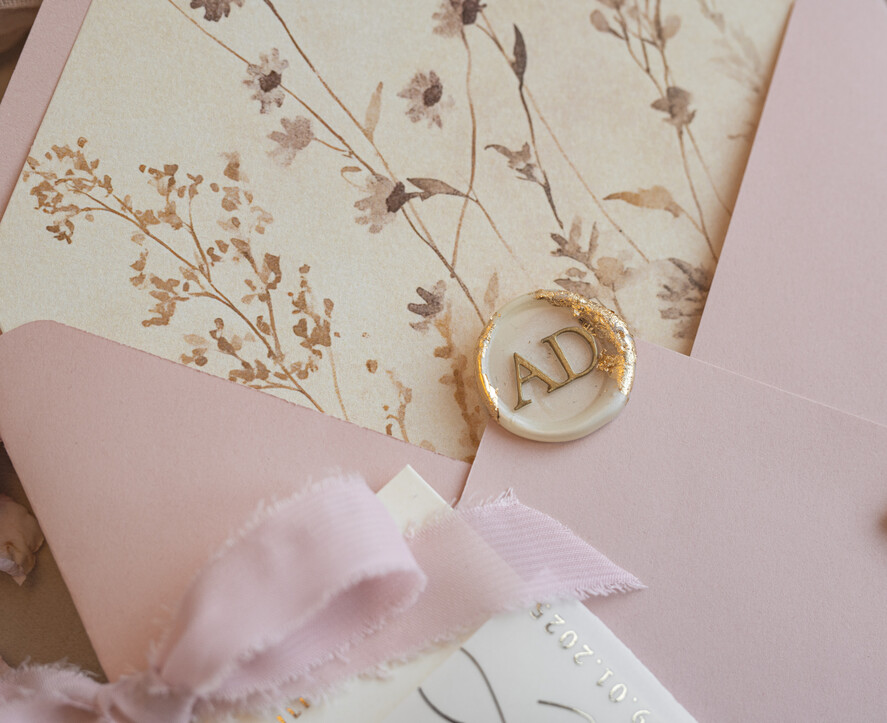 Whimsical Blush Gold Wedding Invitation with vellum etui natural dierd flowers pampass gras, Garden Elegant Floral Wedding Invitation with mirror gold heart