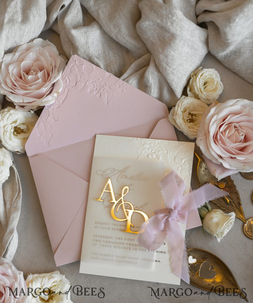 Blush Gold Wedding Invitation with chiffon torn bow and mirror gold monogram , Vellum Wrapping Golden Elegant Roses Floral Wedding Invitation with 3D embossed flowers