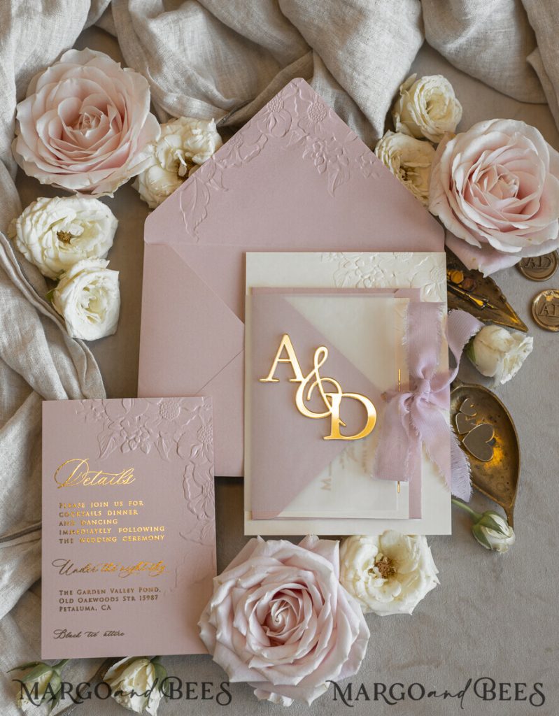 Blush Gold Wedding Invitation with chiffon torn bow and mirror gold monogram , Vellum Wrapping Golden Elegant Roses Floral Wedding Invitation with 3D embossed flowers