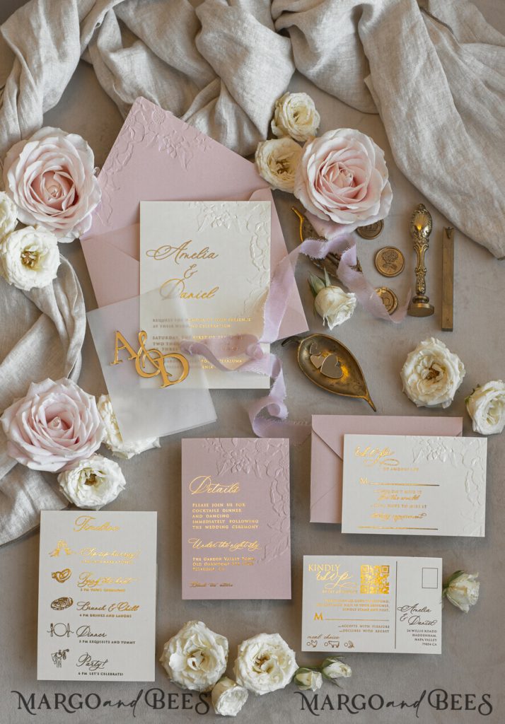 Blush Gold Wedding Invitation with chiffon torn bow and mirror gold monogram , Vellum Wrapping Golden Elegant Roses Floral Wedding Invitation with 3D embossed flowers