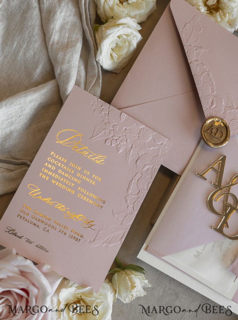 Blush Gold Wedding Invitation with chiffon torn bow and mirror gold monogram , Vellum Wrapping Golden Elegant Roses Floral Wedding Invitation with 3D embossed flowers