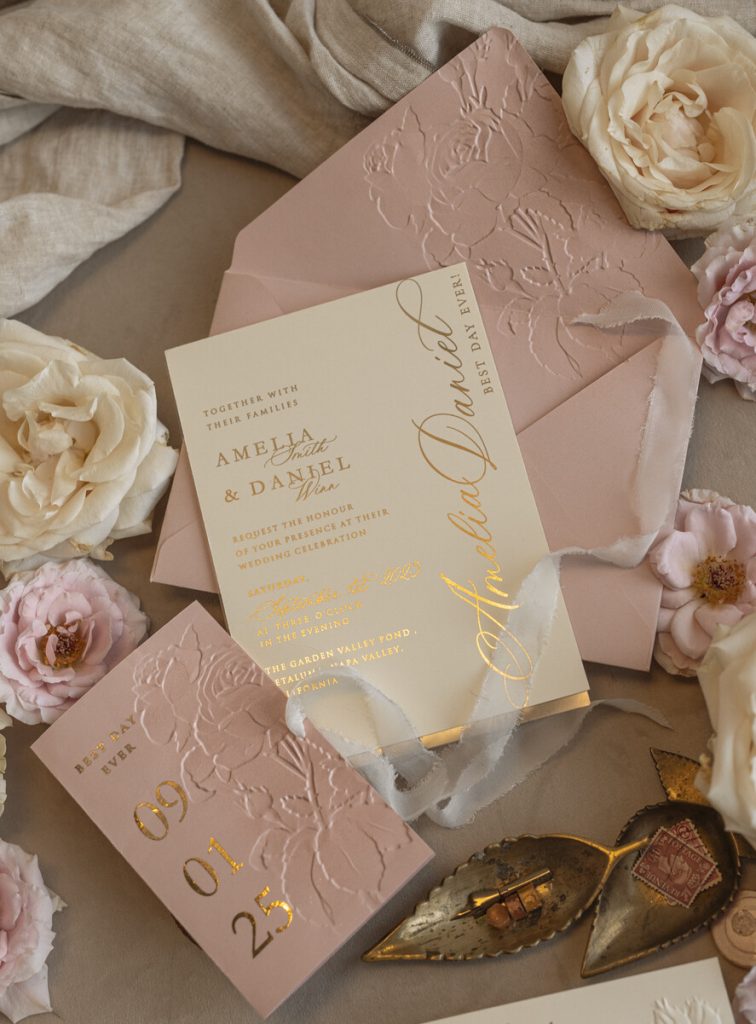 Blush Gold Wedding Invitation with chiffon torn bow, Wrapping Golden Elegant Roses Floral Wedding Invitation with 3D embossed flowers
