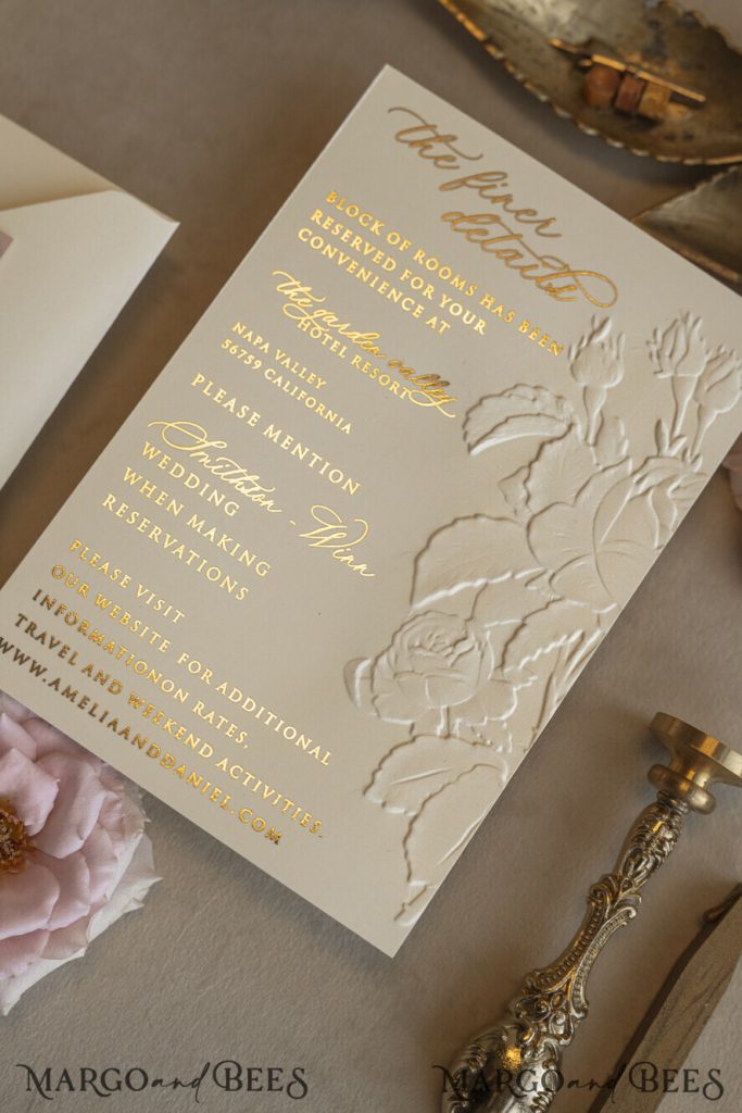 Blush Gold Wedding Invitation with chiffon torn bow, Wrapping Golden Elegant Roses Floral Wedding Invitation with 3D embossed flowers
