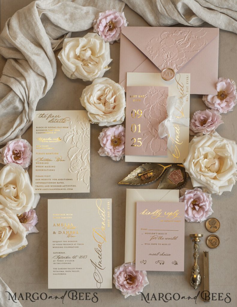 Blush Gold Wedding Invitation with chiffon torn bow, Wrapping Golden Elegant Roses Floral Wedding Invitation with 3D embossed flowers
