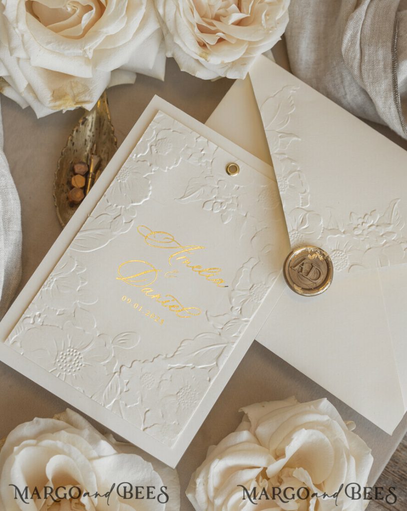 Fine Art Embossed Blind Ivory Gold Wedding Invitation with torn chiffon bow and dried flowers, Golden deboss Floral Wedding Invitation, Boho Ecru Debossed Invitation suite with mirror heart