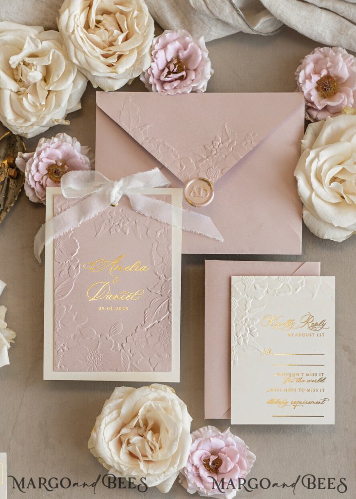 Fine Art Embossed Blind Ivory Gold Wedding Invitation with torn chiffon bow and dried flowers, Golden deboss Floral Wedding Invitation, Boho Ecru Debossed Invitation suite with mirror heart