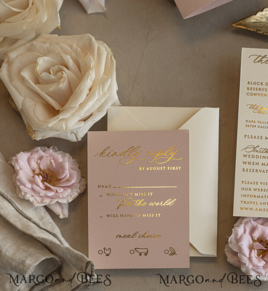 Blush Gold Wedding Invitation with chiffon torn bow, Wrapping Golden Elegant Roses Floral Wedding Invitation with 3D embossed flowers
