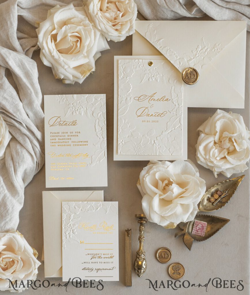 Fine Art Embossed Blind Ivory Gold Wedding Invitation with torn chiffon bow and dried flowers, Golden deboss Floral Wedding Invitation, Boho Ecru Debossed Invitation suite with mirror heart