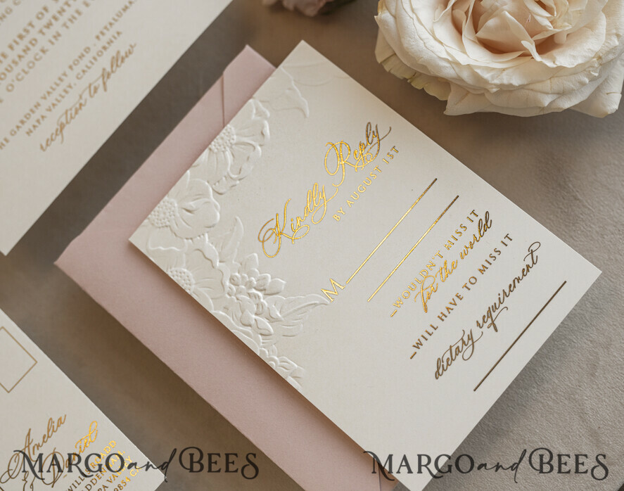 Fine Art Embossed Blind Ivory Gold Wedding Invitation with torn chiffon bow and dried flowers, Golden deboss Floral Wedding Invitation, Boho Ecru Debossed Invitation suite with mirror heart