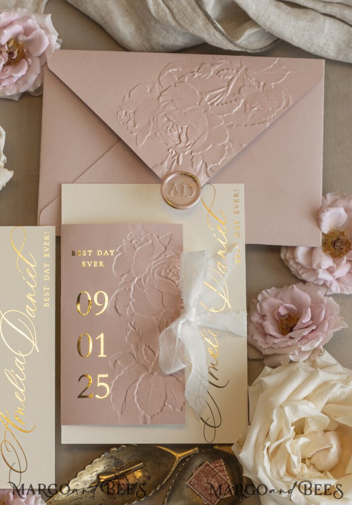 Blush Gold Wedding Invitation with chiffon torn bow, Wrapping Golden Elegant Roses Floral Wedding Invitation with 3D embossed flowers
