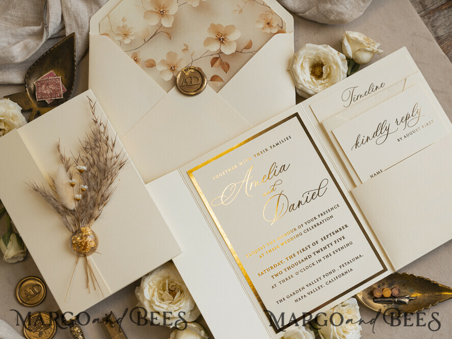 Ivory Gold & Garden Floral Wedding Invitations: Elegance Inspired by Nature