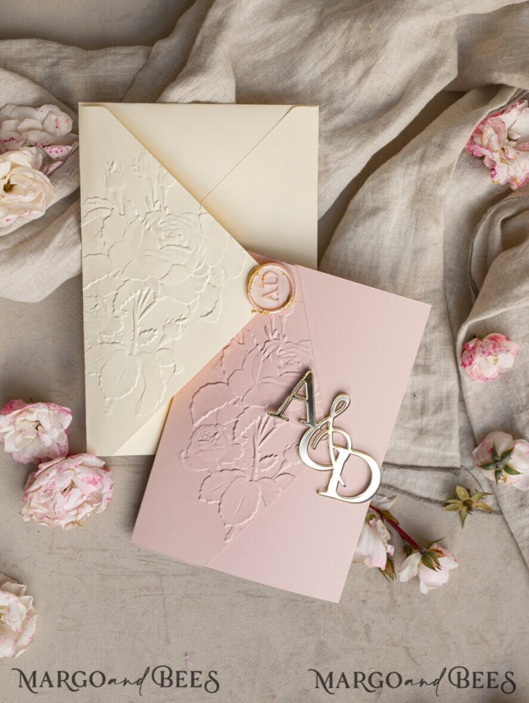 Folder Embossed Ivory Gold Wedding Invitation, Golden deboss Roses Floral Wedding Invitation with mirror Monogram