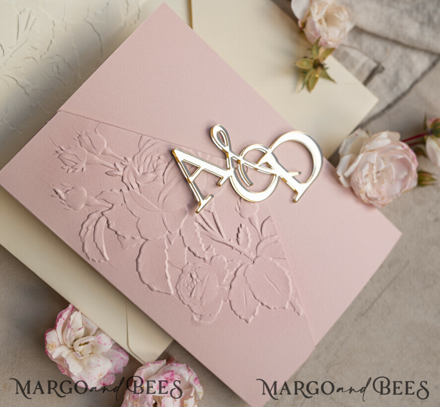 Elegant Wedding Invitations: Embossed Blush Pink and Golden Floral Designs