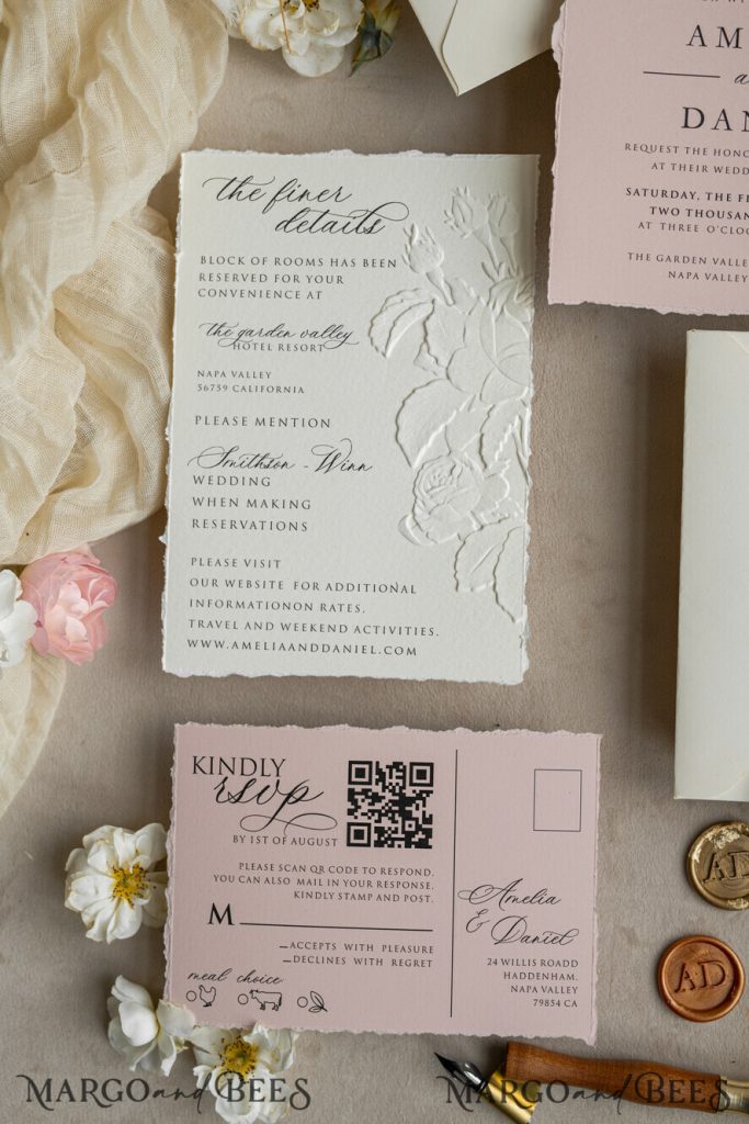 Fine Art Embossed Ivory Gold Wedding Invitation with dried flowers and torn chiffone bow, Golden deboss Roses Floral Wedding Invitation