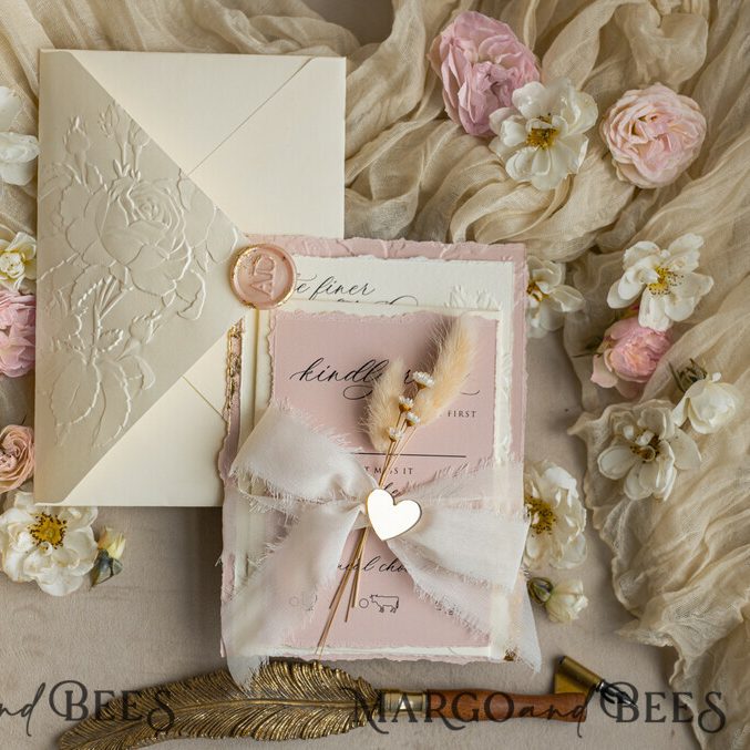 Fine Art Embossed Ivory Gold Wedding Invitation with dried flowers and torn chiffone bow, Golden deboss Roses Floral Wedding Invitation