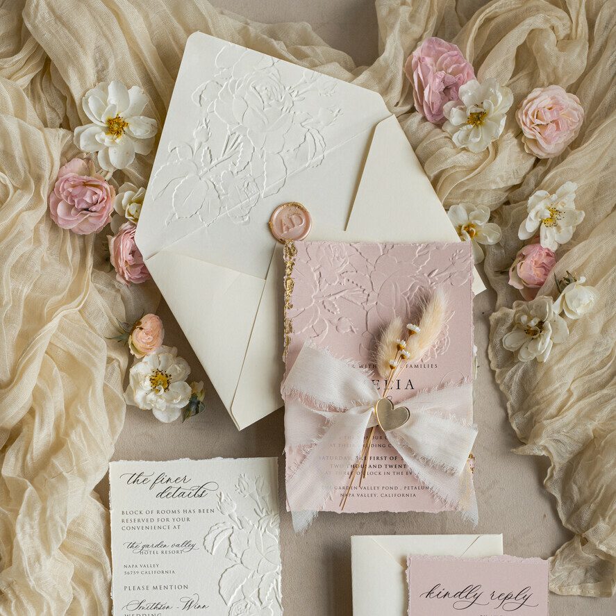 Fine Art Embossed Ivory Gold Wedding Invitation with dried flowers and torn chiffone bow, Golden deboss Roses Floral Wedding Invitation