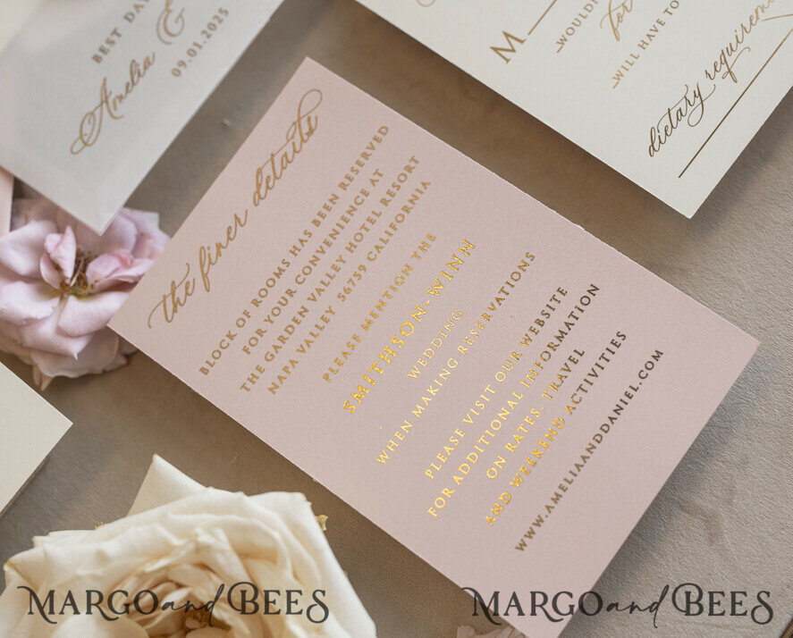 Whimsical Blush Gold Wedding Invitation with vellum etui natural dierd flowers pampass gras, Garden Elegant Floral Wedding Invitation with mirror gold heart