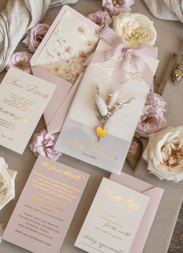 Whimsical Blush Gold Wedding Invitation with vellum etui natural dierd flowers pampass gras, Garden Elegant Floral Wedding Invitation with mirror gold heart