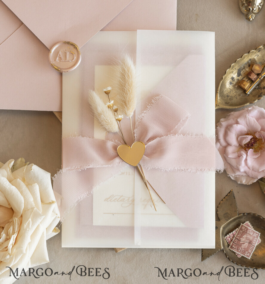 Whimsical Blush Gold Wedding Invitation with vellum jacket chiffon bow nad natural dierd flowers, Garden Elegant Floral Wedding Invitation with mirror gold heart