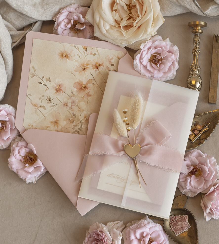 Whimsical Blush Gold Wedding Invitation with vellum jacket chiffon bow nad natural dierd flowers, Garden Elegant Floral Wedding Invitation with mirror gold heart