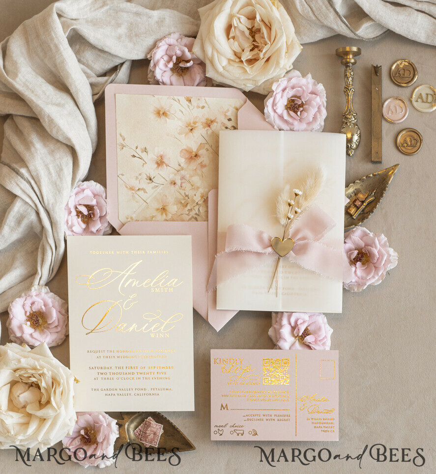 Whimsical Blush Gold Wedding Invitation with vellum jacket chiffon bow nad natural dierd flowers, Garden Elegant Floral Wedding Invitation with mirror gold heart