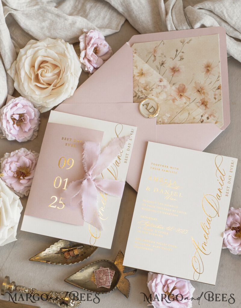 Whimsical Blush Gold Wedding Invitation with chiffon bow, Garden Elegant Floral Wedding Invitation