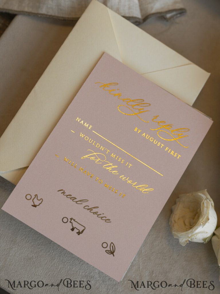 Folder Blush Gold Wedding Invitation with chiffon torn bow and natural dried flowers, Golden Elegant Roses Floral Wedding Invitation with golden mirror heart