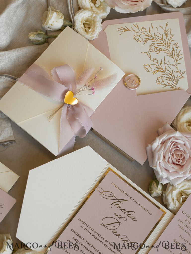 Folder Blush Gold Wedding Invitation with chiffon torn bow and natural dried flowers, Golden Elegant Roses Floral Wedding Invitation with golden mirror heart