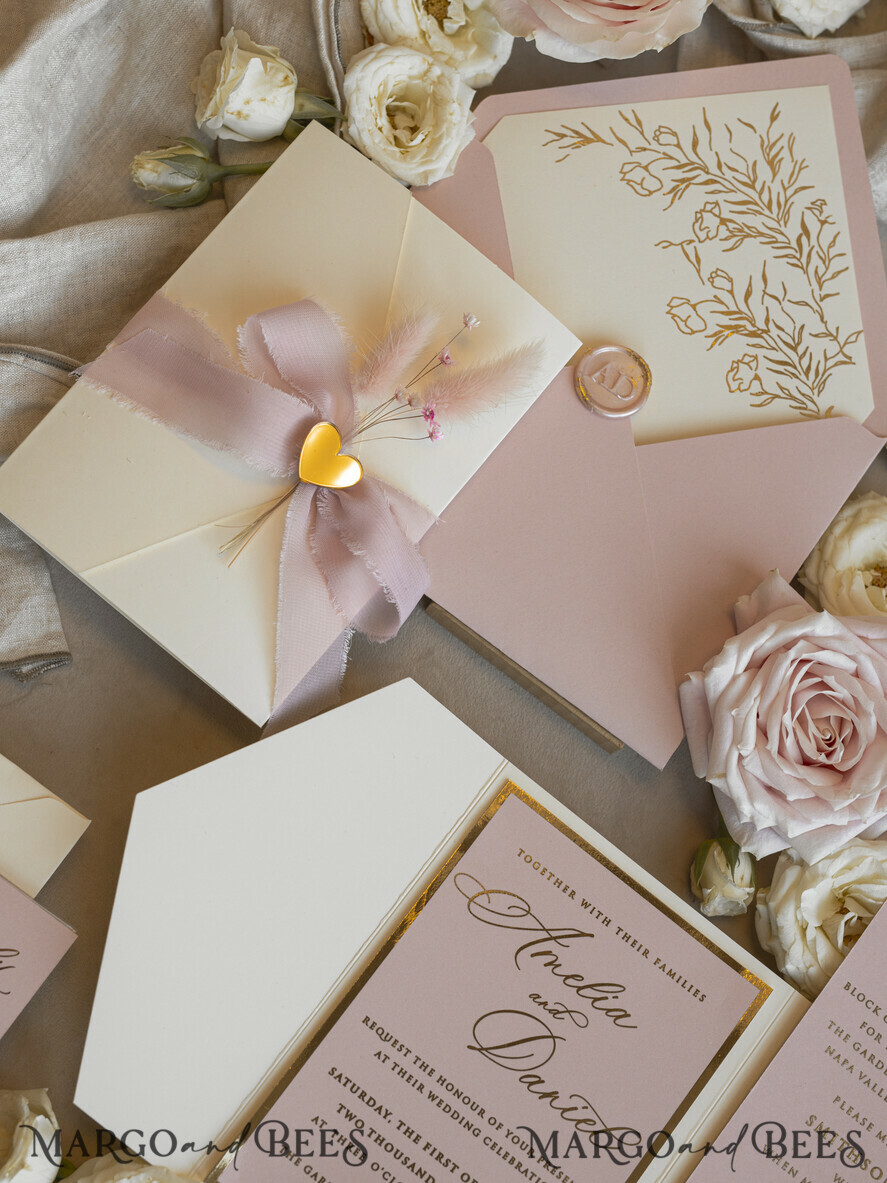 Blush Gold & Golden Roses Wedding Invitations: Timeless Elegance with Romantic Details