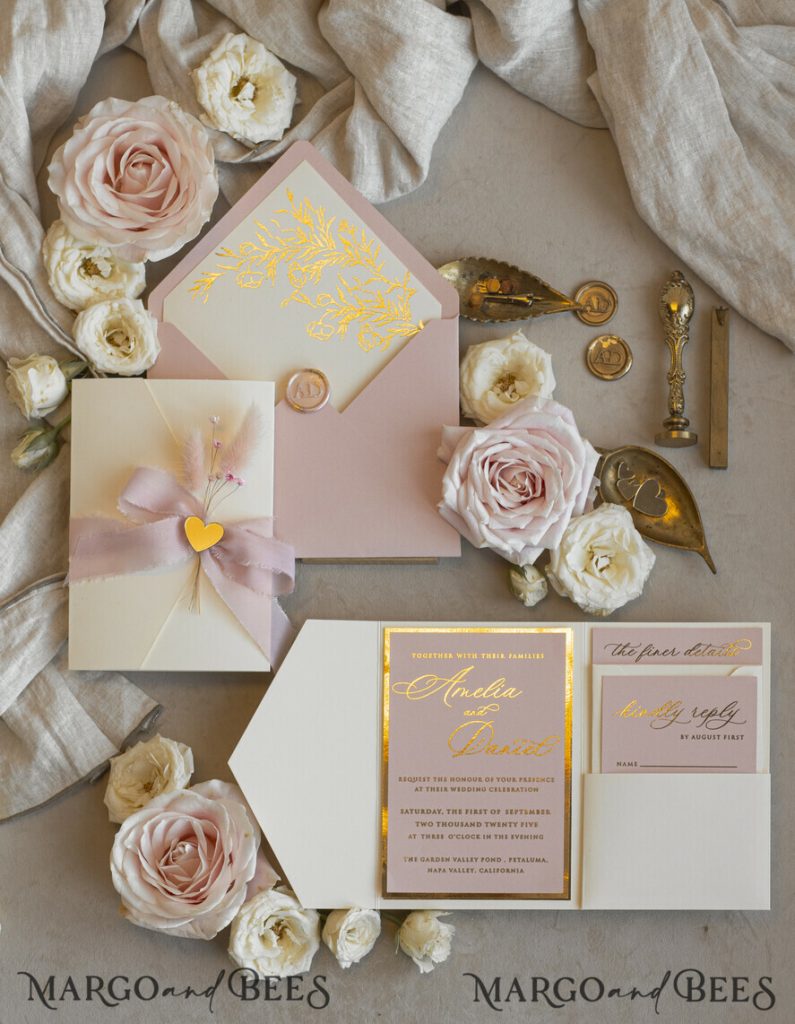 Folder Blush Gold Wedding Invitation with chiffon torn bow and natural dried flowers, Golden Elegant Roses Floral Wedding Invitation with golden mirror heart