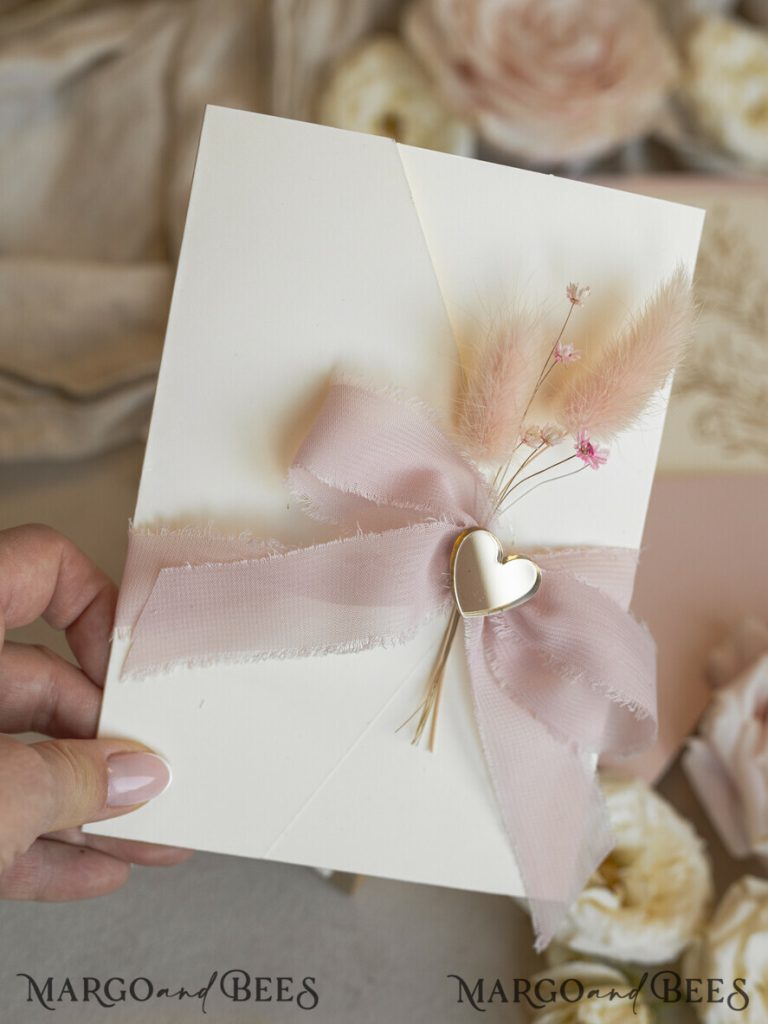 Folder Blush Gold Wedding Invitation with chiffon torn bow and natural dried flowers, Golden Elegant Roses Floral Wedding Invitation with golden mirror heart