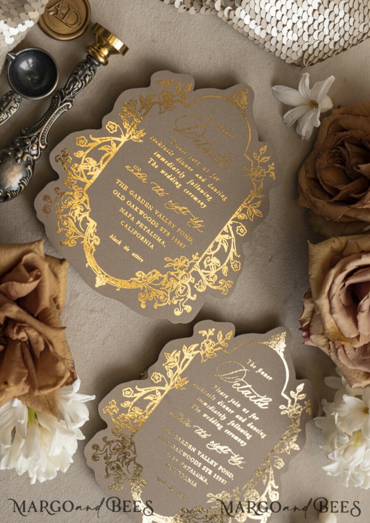 Vintage Baroque Wedding Invitation suite Beige Golden Fine art Roses Wedding Invitations with rsvp Victorian wedding crest Chinoiserie Invites Royal Ornamental frame