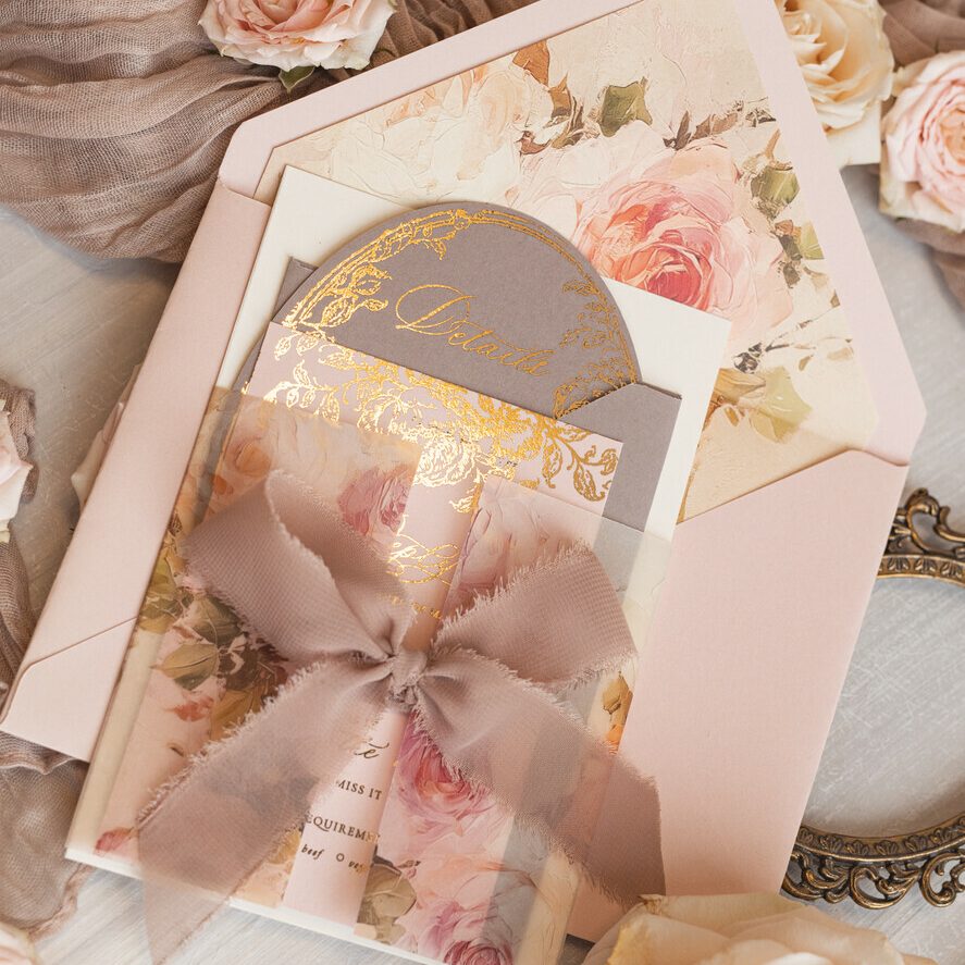 Vintage Baroque Wedding Invitation suite Beige Golden Fine art Roses Wedding Invitations with rsvp Victorian wedding crest Chinoiserie Invites Royal Ornamental frame