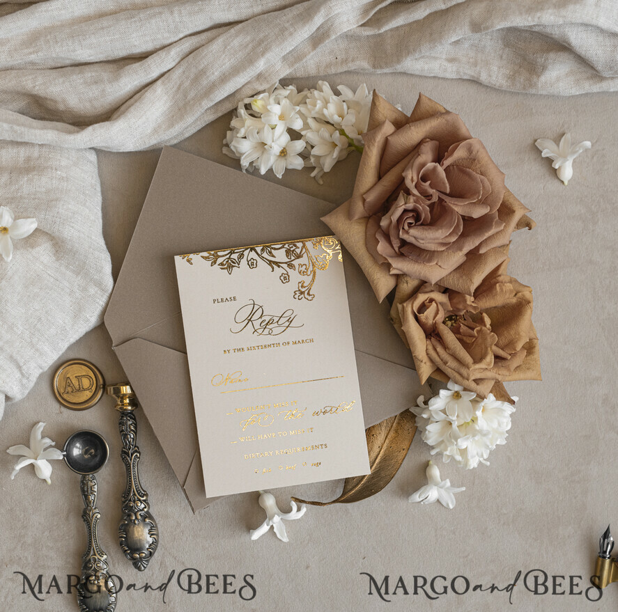 Vintage Baroque Wedding Invitation suite Beige Golden Fine art Roses Wedding Invitations with rsvp Victorian wedding crest Chinoiserie Invites Royal Ornamental frame