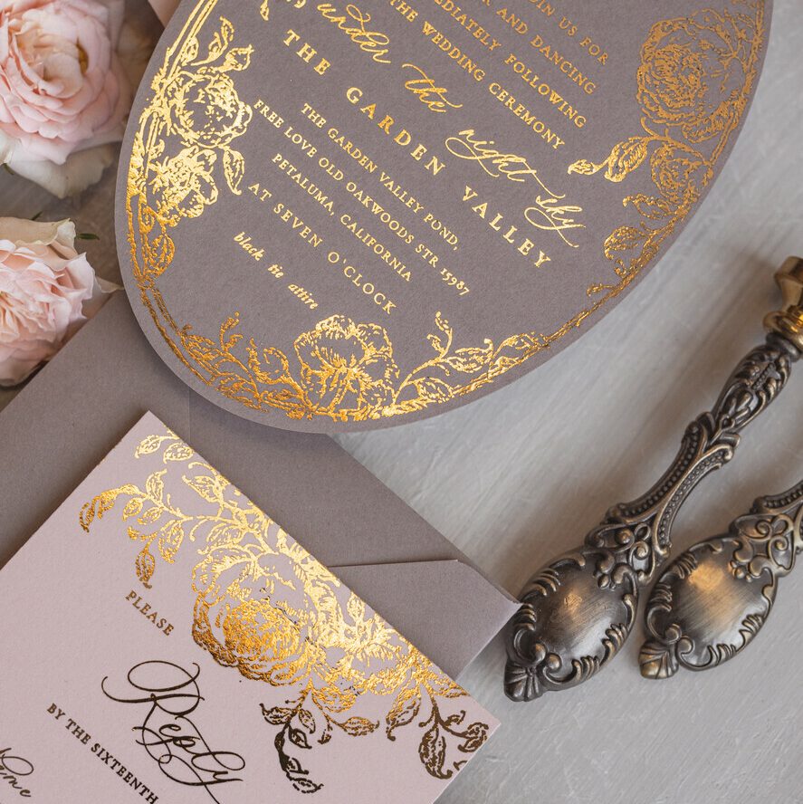 Vintage Baroque Wedding Invitation suite Beige Golden Fine art Roses Wedding Invitations with rsvp Victorian wedding crest Chinoiserie Invites Royal Ornamental frame