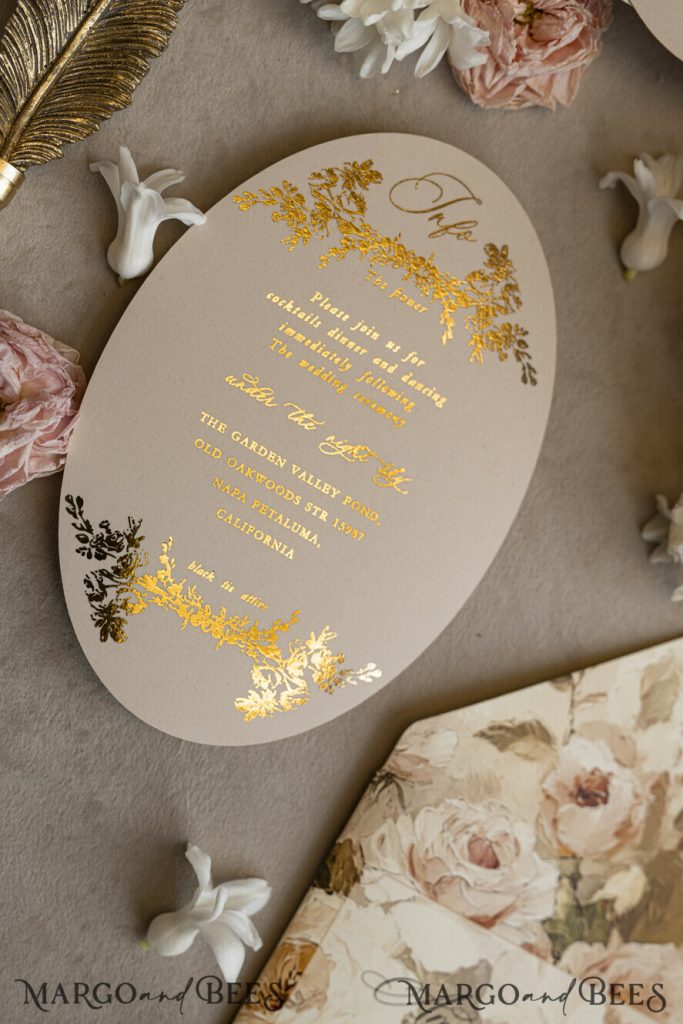 Vintage Baroque Wedding Invitation suite Beige Golden Fine art Roses Wedding Invitations with rsvp Victorian wedding crest Chinoiserie Invites Royal Ornamental frame