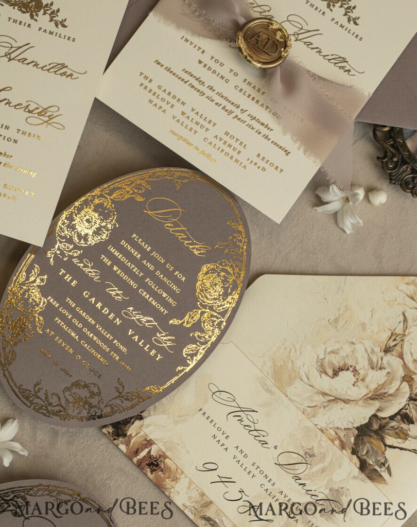 Vintage Baroque Wedding Invitation suite Beige Golden Fine art Roses Wedding Invitations with rsvp Victorian wedding crest Chinoiserie Invites Royal Ornamental frame